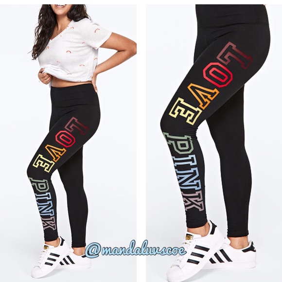 ❗️LAST💕VS PINK BLACK RAINBOW LOGO COTTON LEGGINGS - Picture 2 of 6